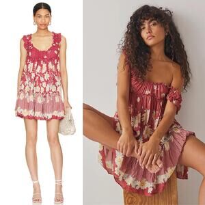 NEW Free People Bali Wild Daisy Red Floral Print Mini Dress Size XS Coastal Boho